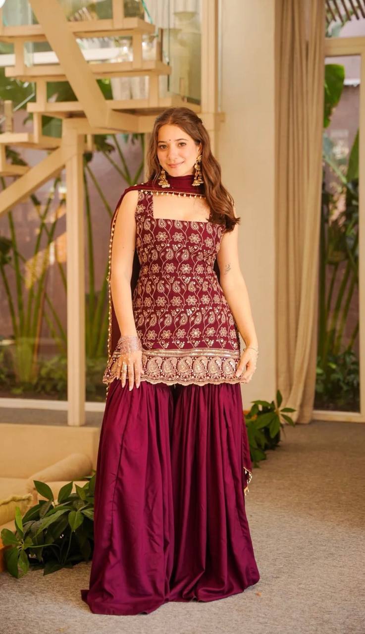 Deep Ruby Floral-Embroidered Silk Set
